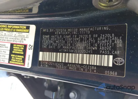 2020 Toyota Camry Se z USA, uszkodzony, nr VIN 4T1M11AK2LU325245